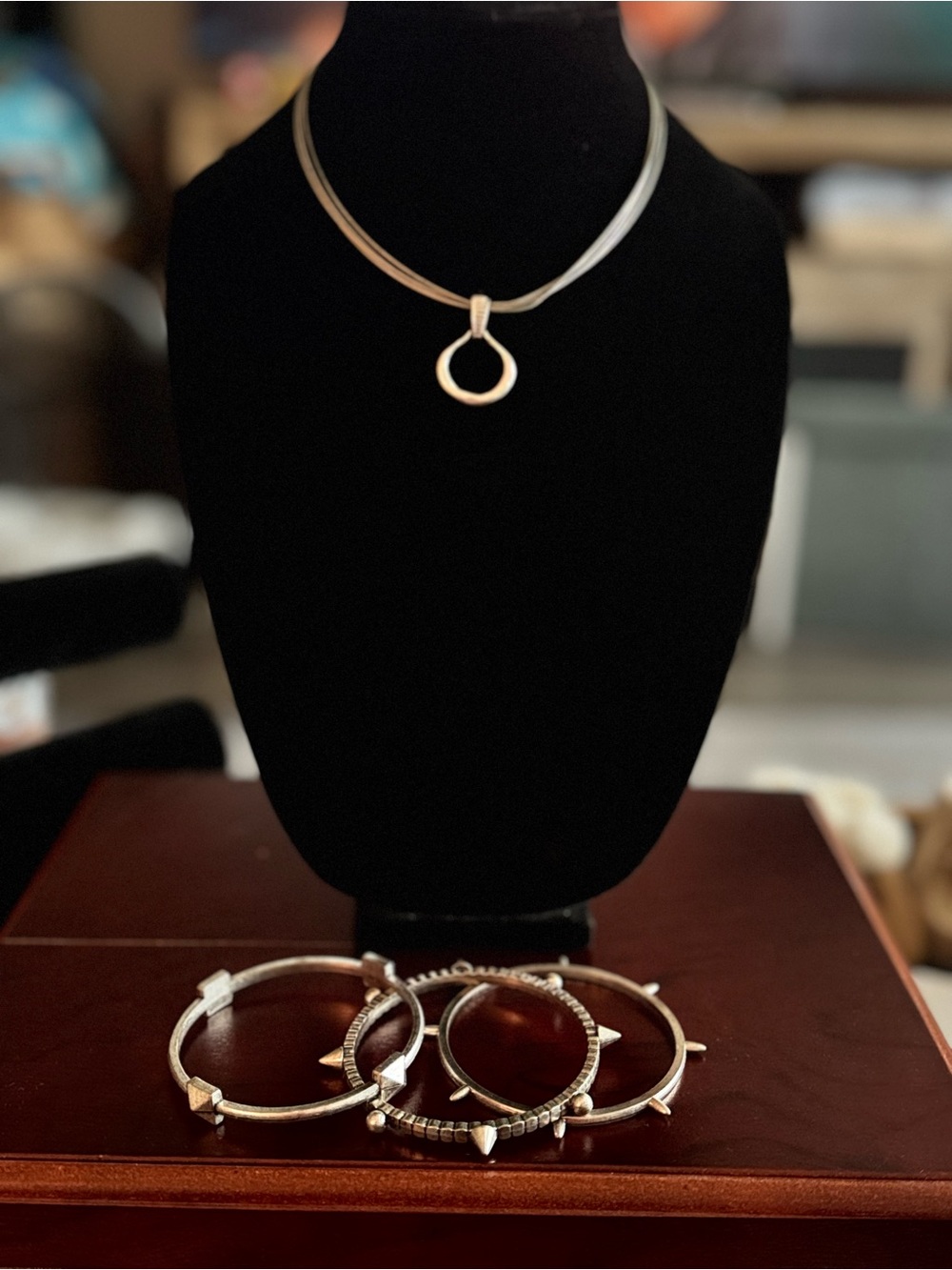 Silver Circle Pendant Necklace with Matching Silver Bangle Set